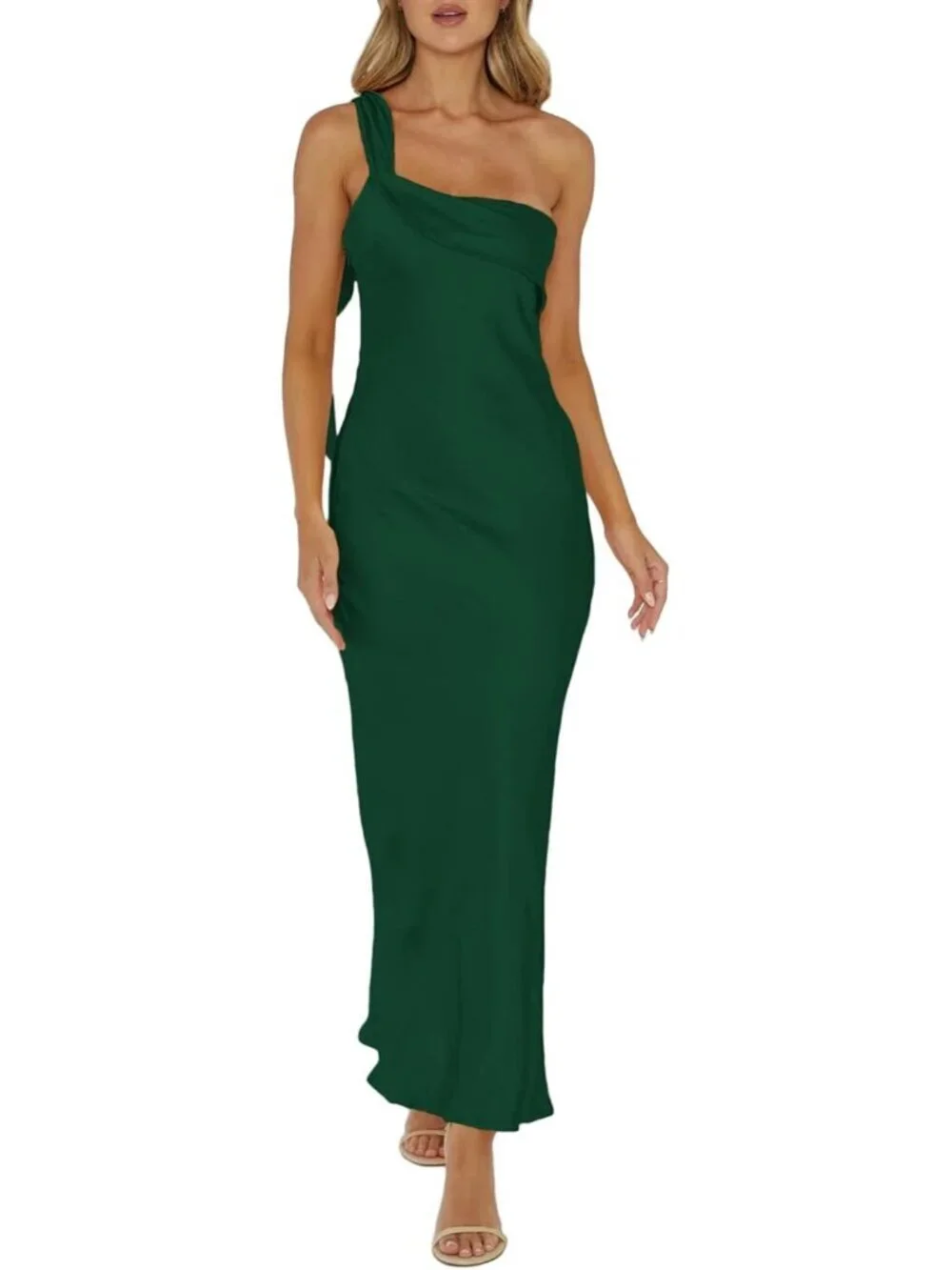 Women's Deep Green Summer Silk Formal Elegant Sleeveless ONE Shoulder Maxi Dress